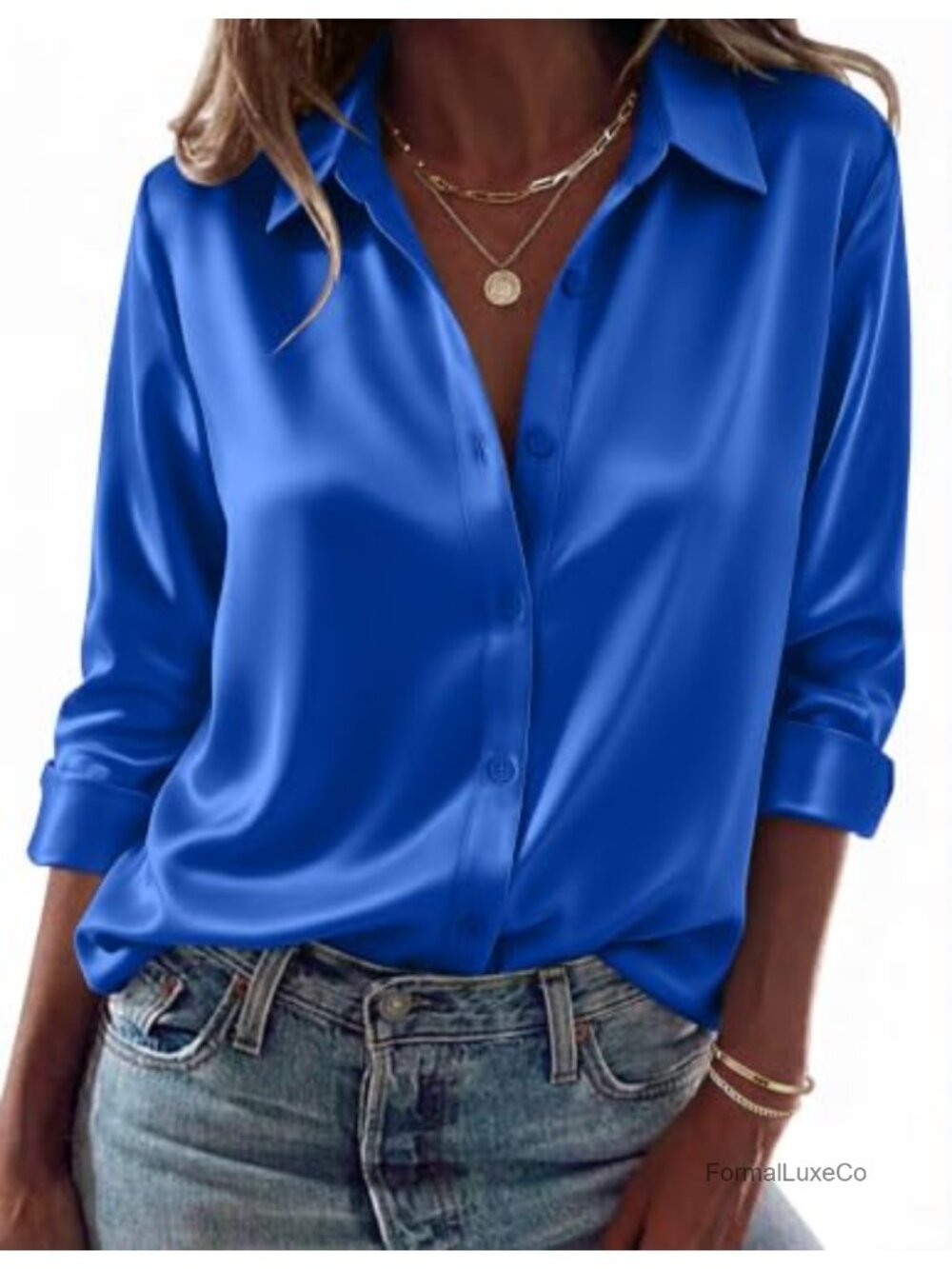 Satin Silk Button Down Shirt Long Sleeve Collared Blouse